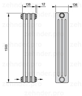 Схема (чертеж) Радиатор Zehnder Charleston 4150/3 №2670 Белый глянцевый RAL 9016